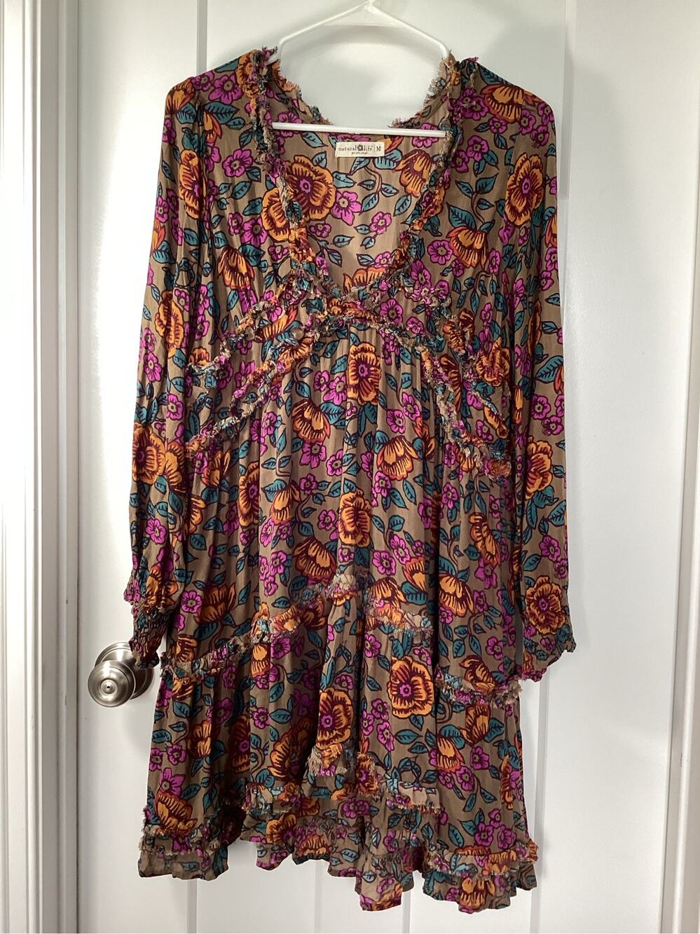 Natural Life Boho Floral Fall Tiered Mini Dress womens size Medium Brown
